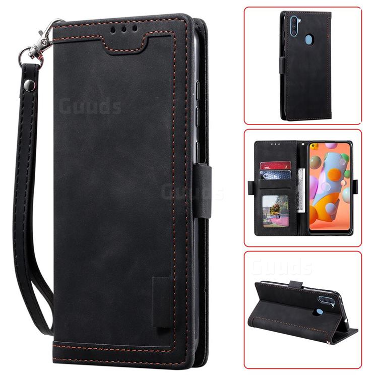 Luxury Retro Stitching Leather Wallet Phone Case for Samsung Galaxy A11 - Black