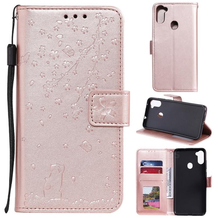 Embossing Cherry Blossom Cat Leather Wallet Case for Samsung Galaxy A11 - Rose Gold