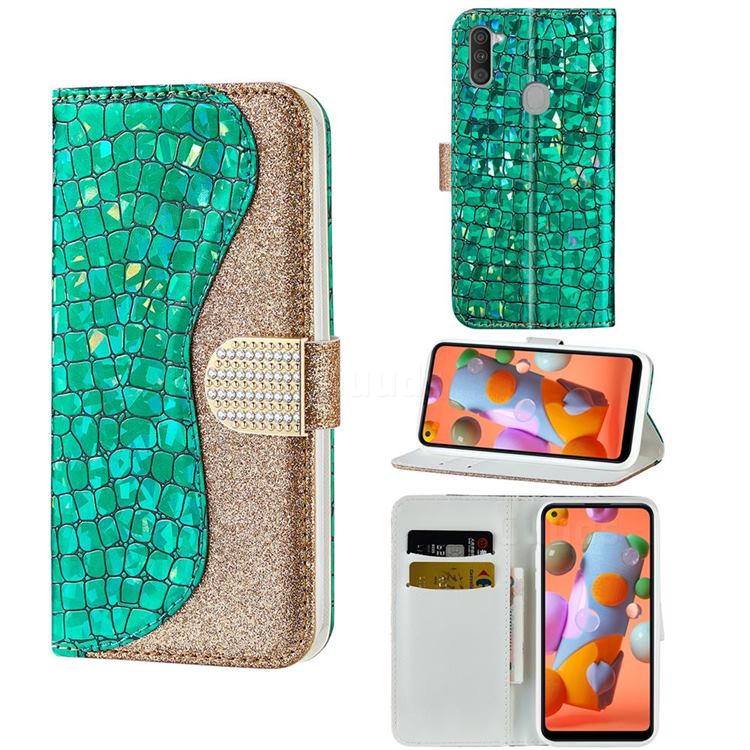 Glitter Diamond Buckle Laser Stitching Leather Wallet Phone Case for Samsung Galaxy A11 - Green