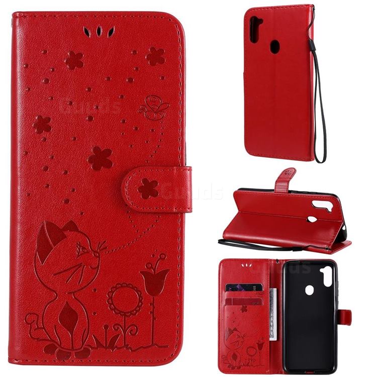 Embossing Bee and Cat Leather Wallet Case for Samsung Galaxy A11 - Red