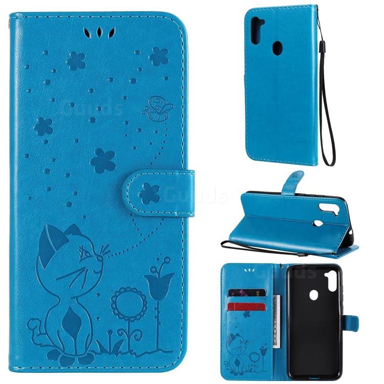 Embossing Bee and Cat Leather Wallet Case for Samsung Galaxy A11 - Blue