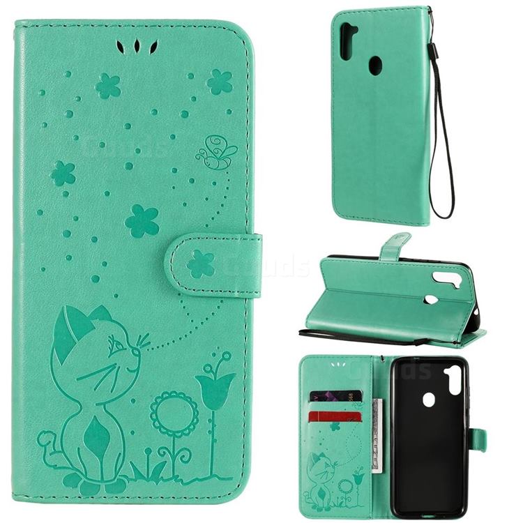 Embossing Bee and Cat Leather Wallet Case for Samsung Galaxy A11 - Green