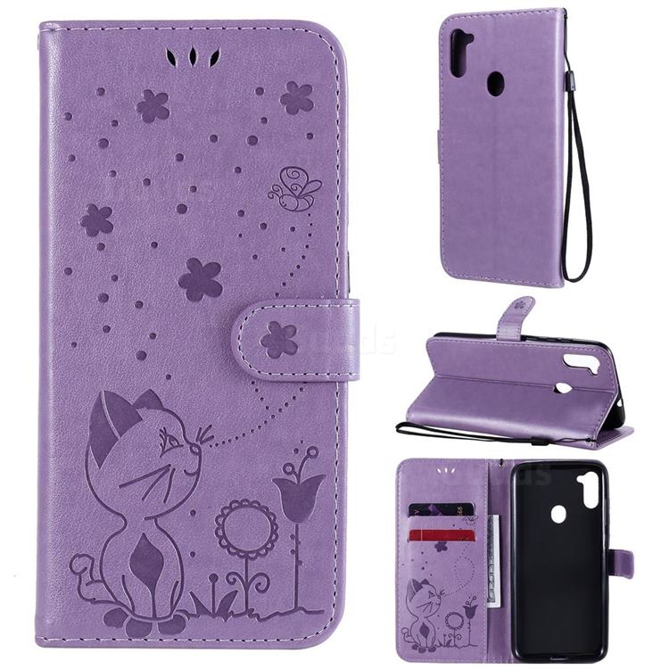 Embossing Bee and Cat Leather Wallet Case for Samsung Galaxy A11 - Purple