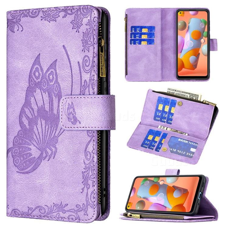 Binfen Color Imprint Vivid Butterfly Buckle Zipper Multi-function Leather Phone Wallet for Samsung Galaxy A11 - Purple