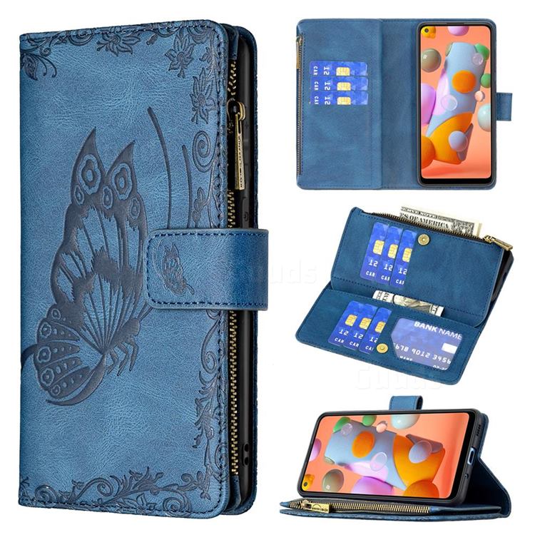 Binfen Color Imprint Vivid Butterfly Buckle Zipper Multi-function Leather Phone Wallet for Samsung Galaxy A11 - Blue