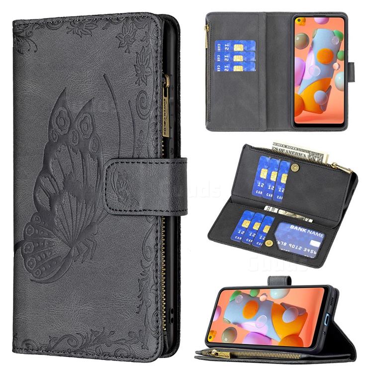 Binfen Color Imprint Vivid Butterfly Buckle Zipper Multi-function Leather Phone Wallet for Samsung Galaxy A11 - Black