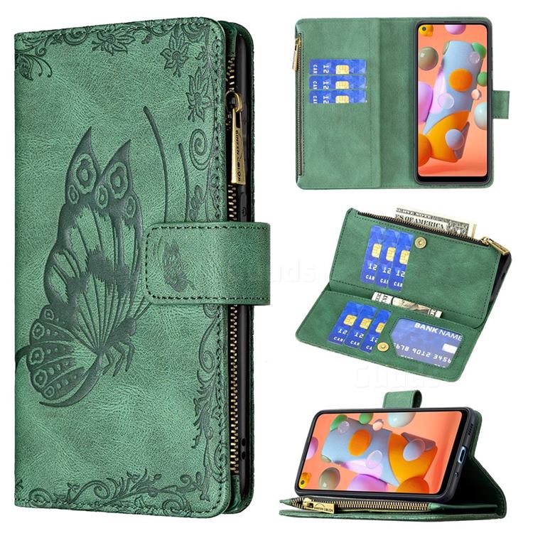 Binfen Color Imprint Vivid Butterfly Buckle Zipper Multi-function Leather Phone Wallet for Samsung Galaxy A11 - Green