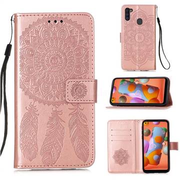 Embossing Dream Catcher Mandala Flower Leather Wallet Case for Samsung Galaxy A11 - Rose Gold