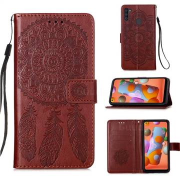 Embossing Dream Catcher Mandala Flower Leather Wallet Case for Samsung Galaxy A11 - Brown