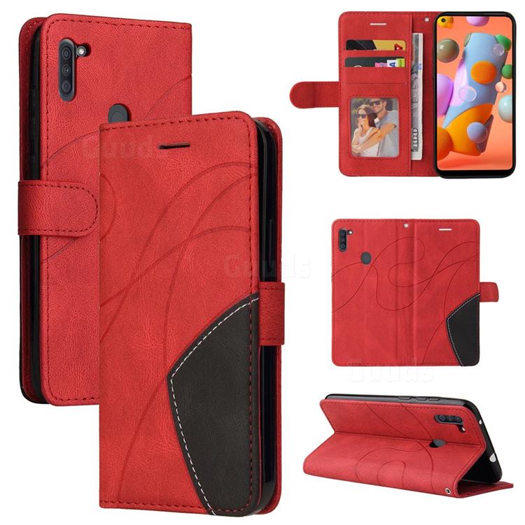 Luxury Two-color Stitching Leather Wallet Case Cover for Samsung Galaxy A11 - Red