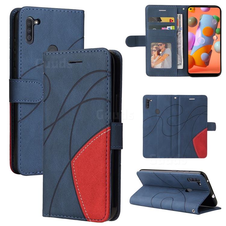 Luxury Two-color Stitching Leather Wallet Case Cover for Samsung Galaxy A11 - Blue