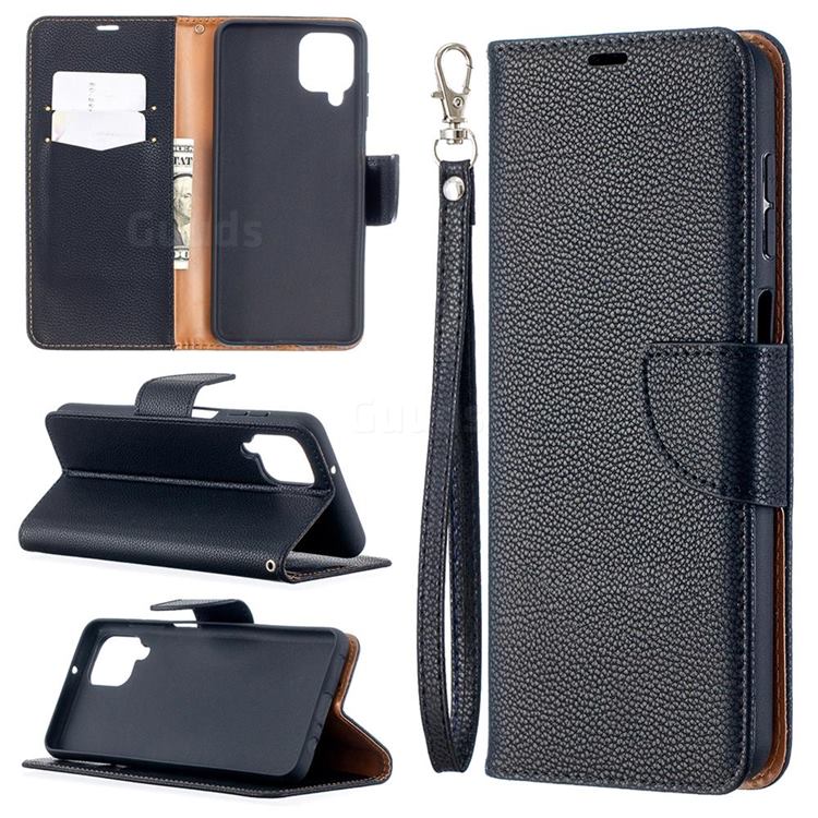 Classic Luxury Litchi Leather Phone Wallet Case for Samsung Galaxy A12 - Black