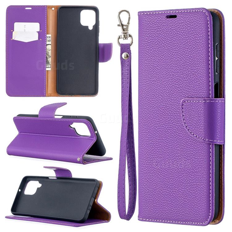 Classic Luxury Litchi Leather Phone Wallet Case for Samsung Galaxy A12 - Purple