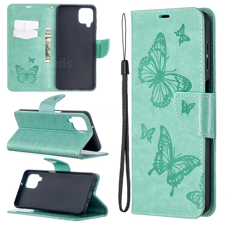 Embossing Double Butterfly Leather Wallet Case for Samsung Galaxy A12 - Green