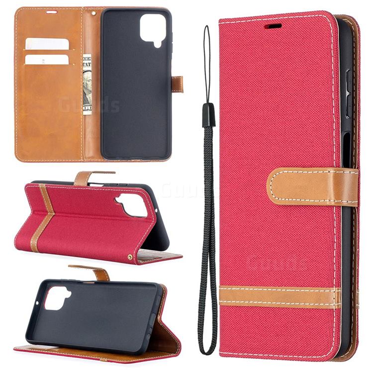 Jeans Cowboy Denim Leather Wallet Case for Samsung Galaxy A12 - Red