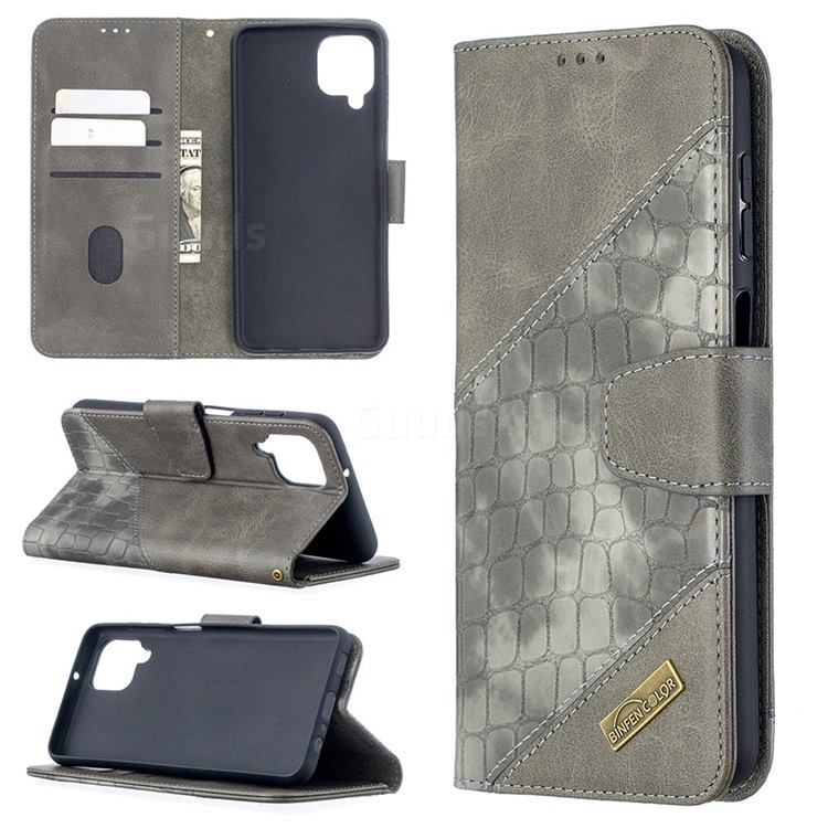 BinfenColor BF04 Color Block Stitching Crocodile Leather Case Cover for Samsung Galaxy A12 - Gray