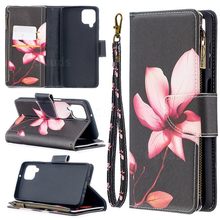 Lotus Flower Binfen Color BF03 Retro Zipper Leather Wallet Phone Case for Samsung Galaxy A12
