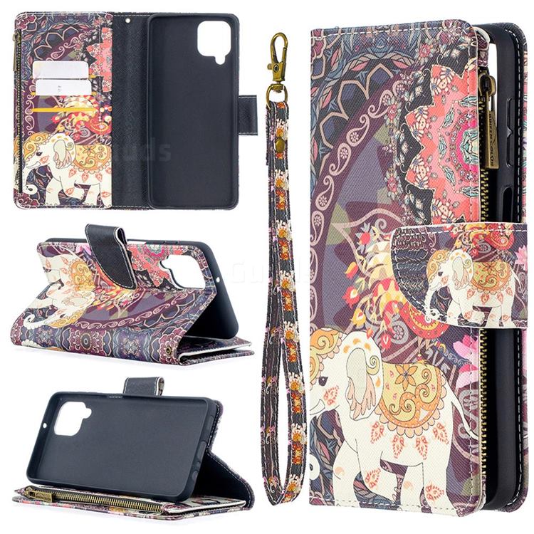 Totem Flower Elephant Binfen Color BF03 Retro Zipper Leather Wallet Phone Case for Samsung Galaxy A12