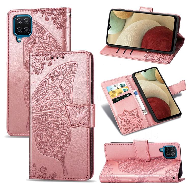 Embossing Mandala Flower Butterfly Leather Wallet Case for Samsung Galaxy A12 - Rose Gold