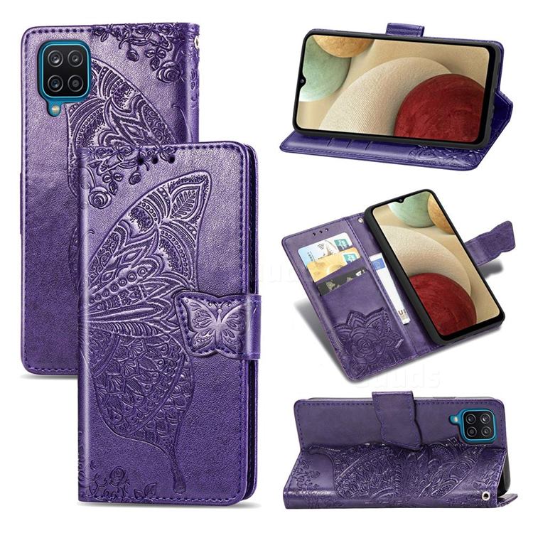 Embossing Mandala Flower Butterfly Leather Wallet Case for Samsung Galaxy A12 - Dark Purple