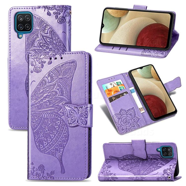 Embossing Mandala Flower Butterfly Leather Wallet Case for Samsung Galaxy A12 - Light Purple