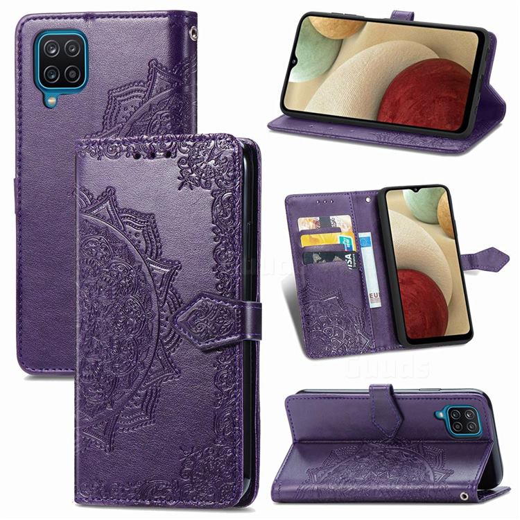 Embossing Imprint Mandala Flower Leather Wallet Case for Samsung Galaxy A12 - Purple