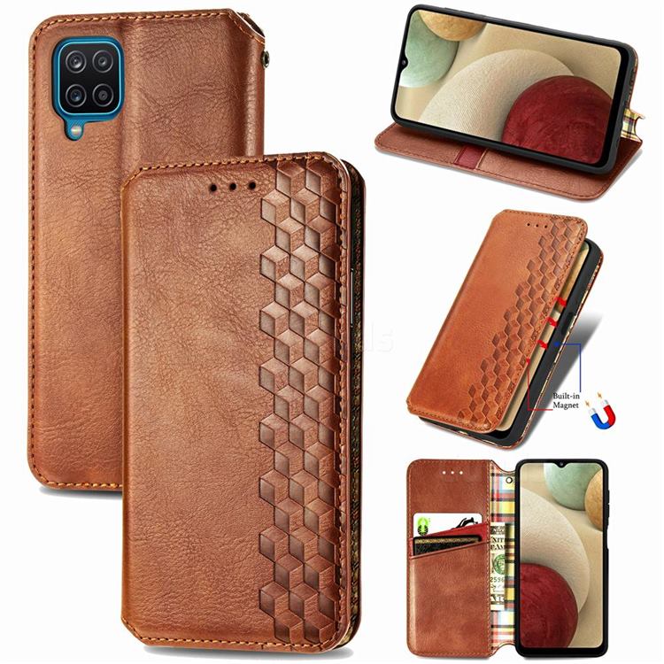 Ultra Slim Fashion Business Card Magnetic Automatic Suction Leather Flip Cover for Samsung Galaxy A12 - Brown