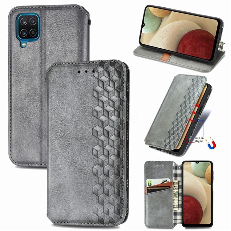 Ultra Slim Fashion Business Card Magnetic Automatic Suction Leather Flip Cover for Samsung Galaxy A12 - Grey