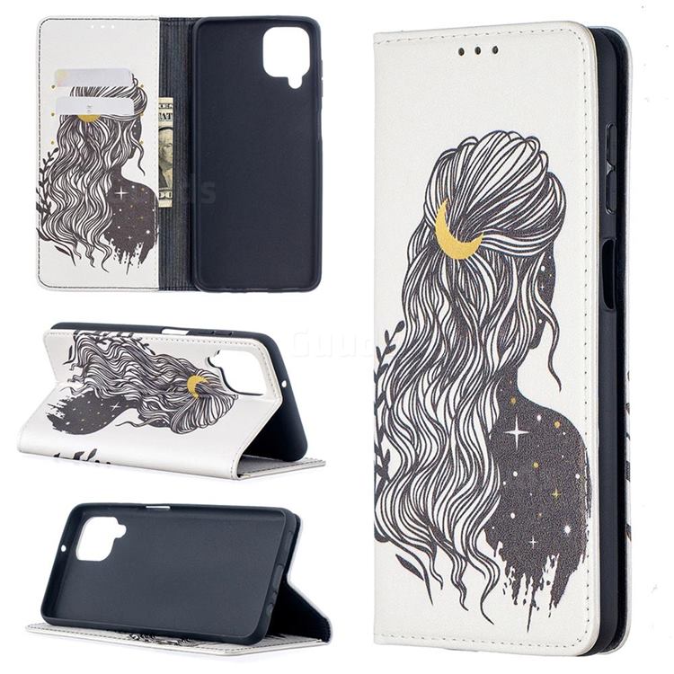 Girl with Long Hair Slim Magnetic Attraction Wallet Flip Cover for Samsung Galaxy A12