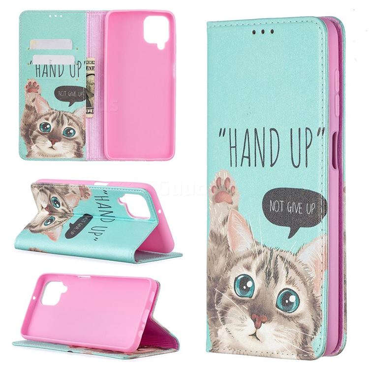 Hand Up Cat Slim Magnetic Attraction Wallet Flip Cover for Samsung Galaxy A12