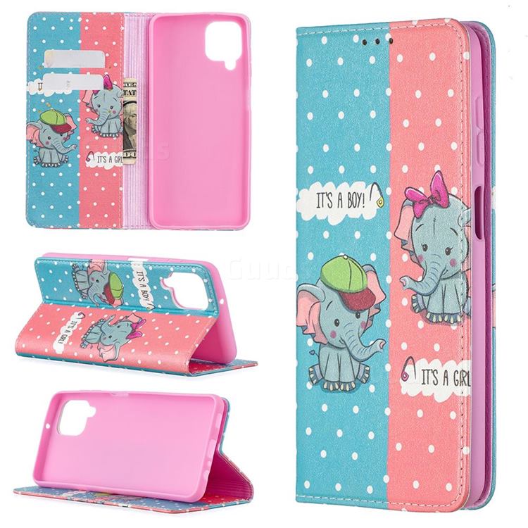 Elephant Boy and Girl Slim Magnetic Attraction Wallet Flip Cover for Samsung Galaxy A12