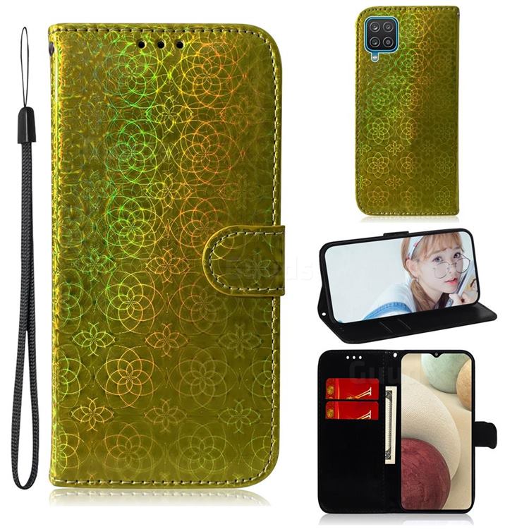 Laser Circle Shining Leather Wallet Phone Case for Samsung Galaxy A12 - Golden