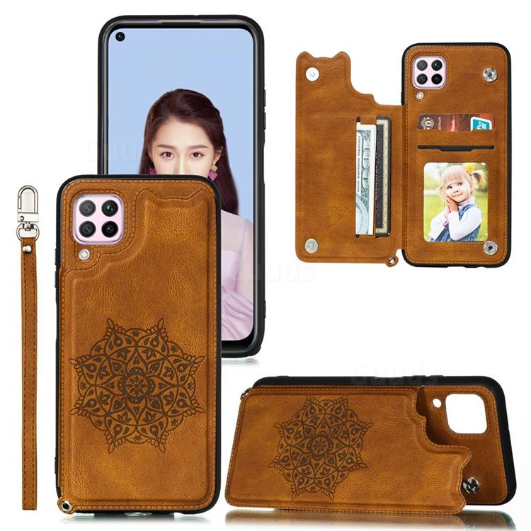 Luxury Mandala Multi-function Magnetic Card Slots Stand Leather Back Cover for Samsung Galaxy A12 - Brown