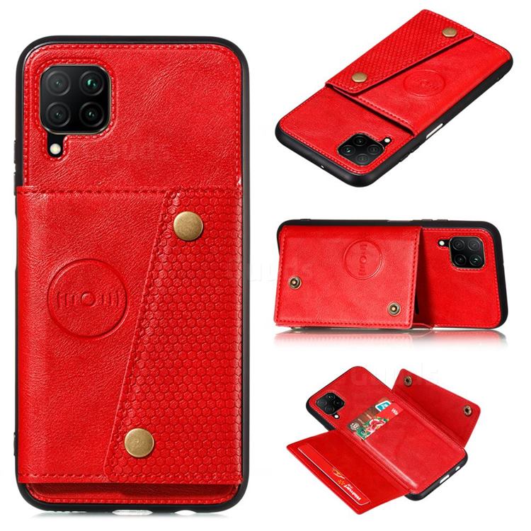 Retro Multifunction Card Slots Stand Leather Coated Phone Back Cover for Samsung Galaxy A12 - Red