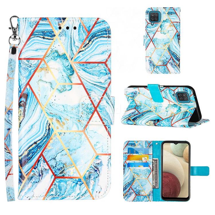 Lake Blue Stitching Color Marble Leather Wallet Case for Samsung Galaxy A12