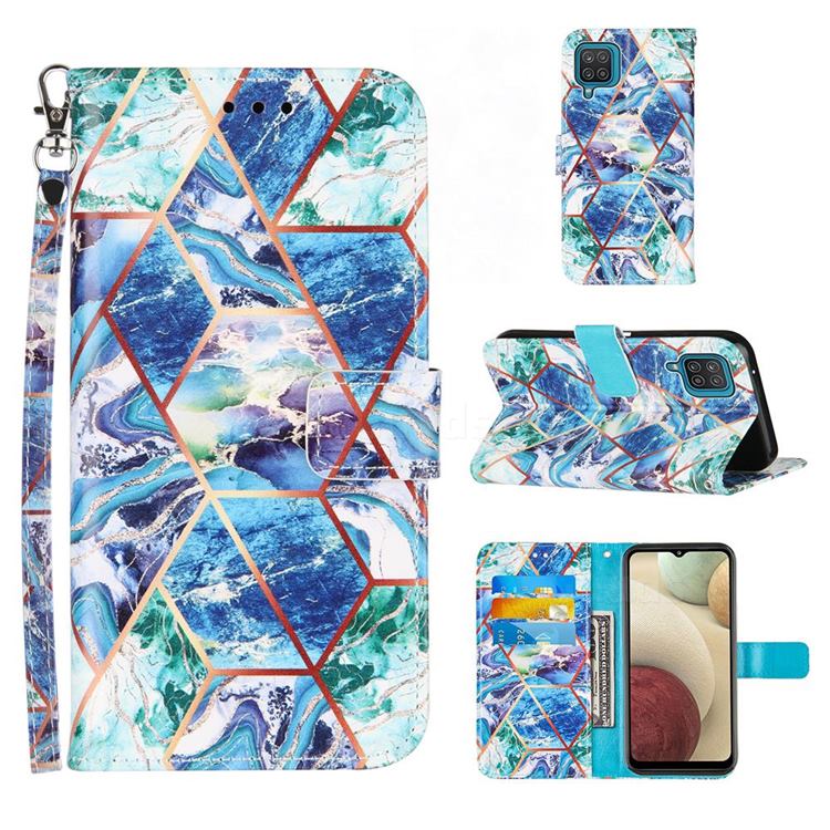 Green and Blue Stitching Color Marble Leather Wallet Case for Samsung Galaxy A12