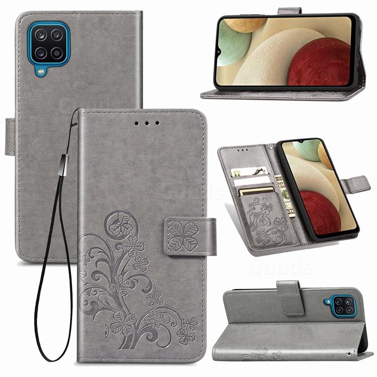 Embossing Imprint Four-Leaf Clover Leather Wallet Case for Samsung Galaxy A12 - Grey