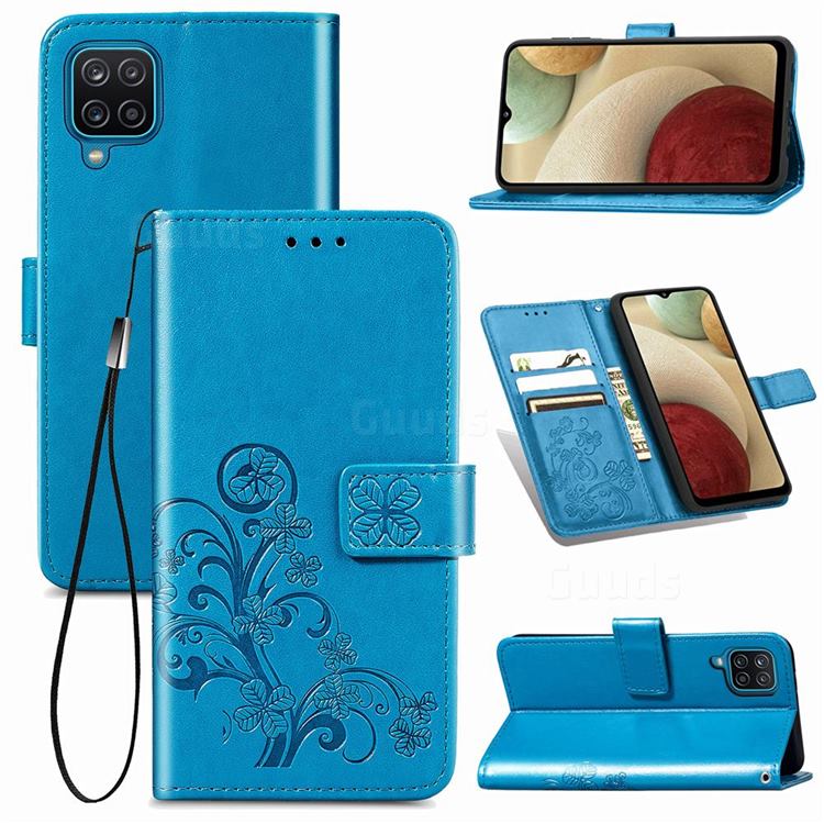 Embossing Imprint Four-Leaf Clover Leather Wallet Case for Samsung Galaxy A12 - Blue