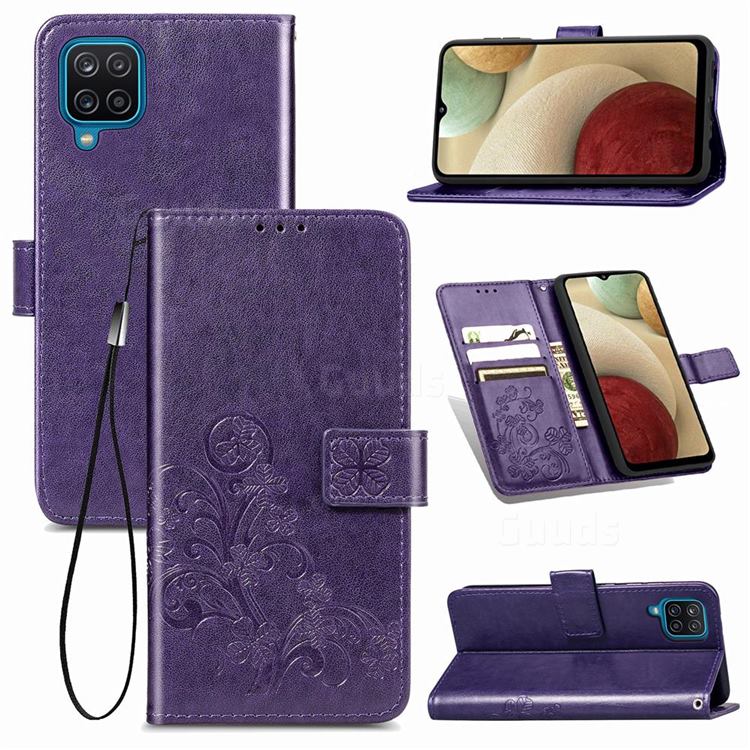 Embossing Imprint Four-Leaf Clover Leather Wallet Case for Samsung Galaxy A12 - Purple