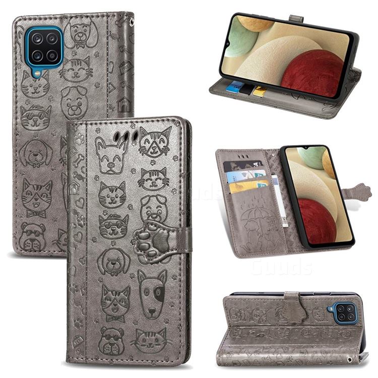 Embossing Dog Paw Kitten and Puppy Leather Wallet Case for Samsung Galaxy A12 - Gray
