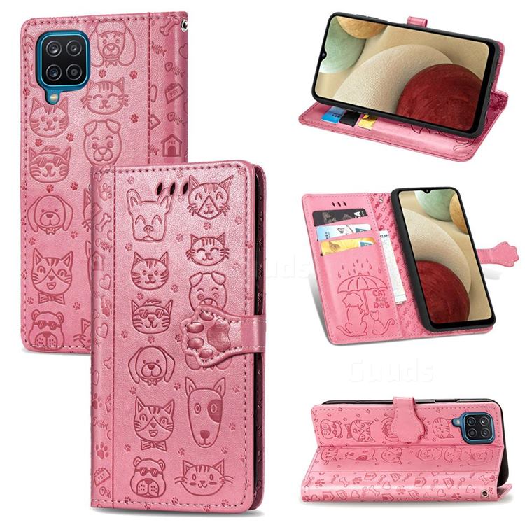 Embossing Dog Paw Kitten and Puppy Leather Wallet Case for Samsung Galaxy A12 - Pink