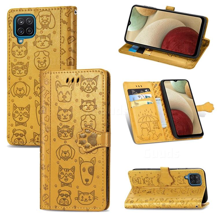 Embossing Dog Paw Kitten and Puppy Leather Wallet Case for Samsung Galaxy A12 - Yellow