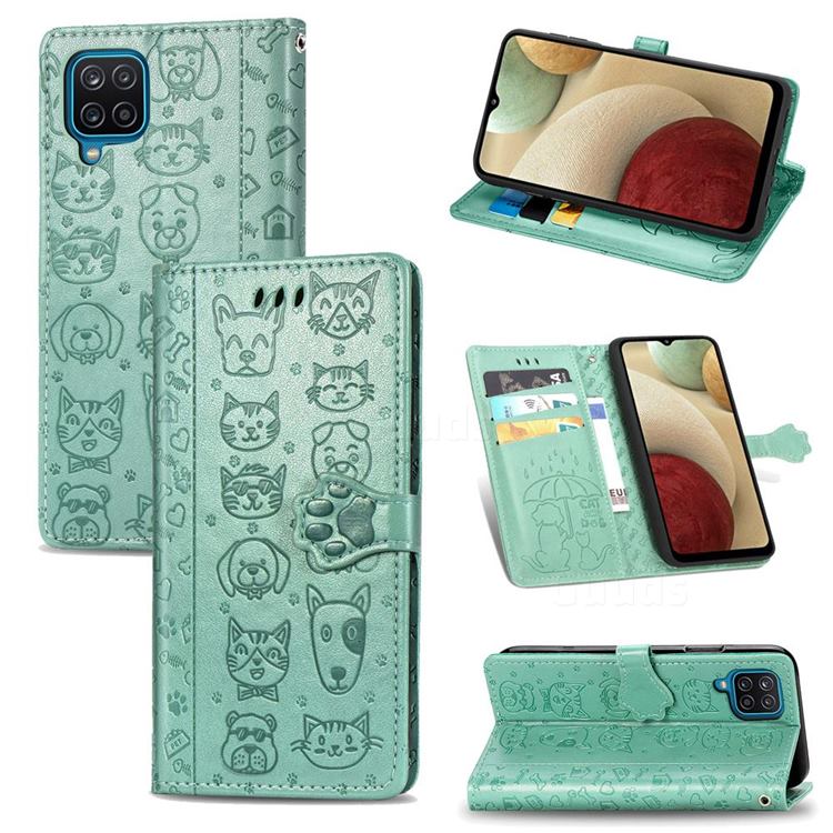 Embossing Dog Paw Kitten and Puppy Leather Wallet Case for Samsung Galaxy A12 - Green