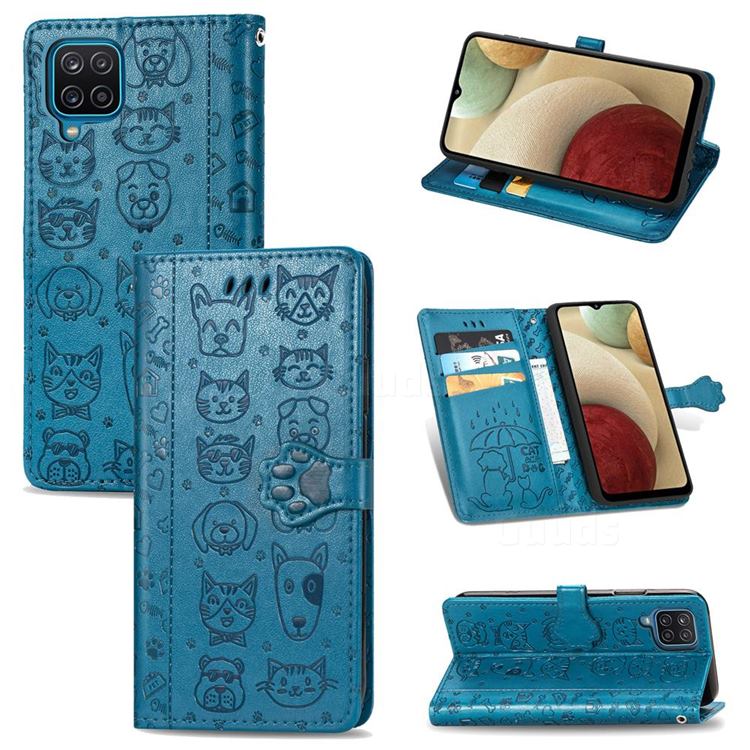 Embossing Dog Paw Kitten and Puppy Leather Wallet Case for Samsung Galaxy A12 - Blue