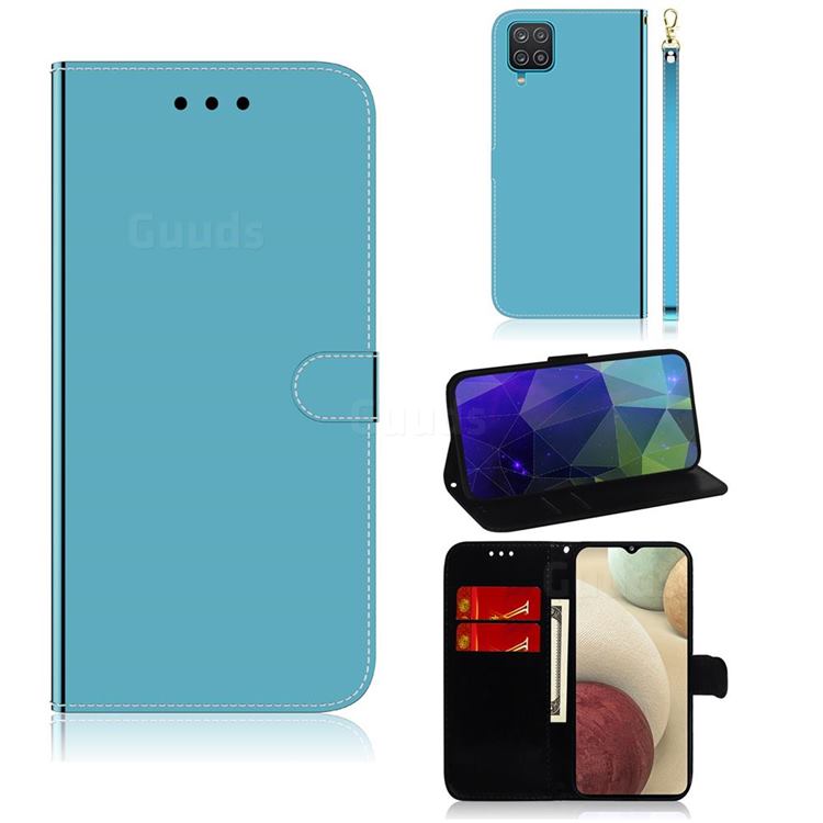 Shining Mirror Like Surface Leather Wallet Case for Samsung Galaxy A12 - Blue