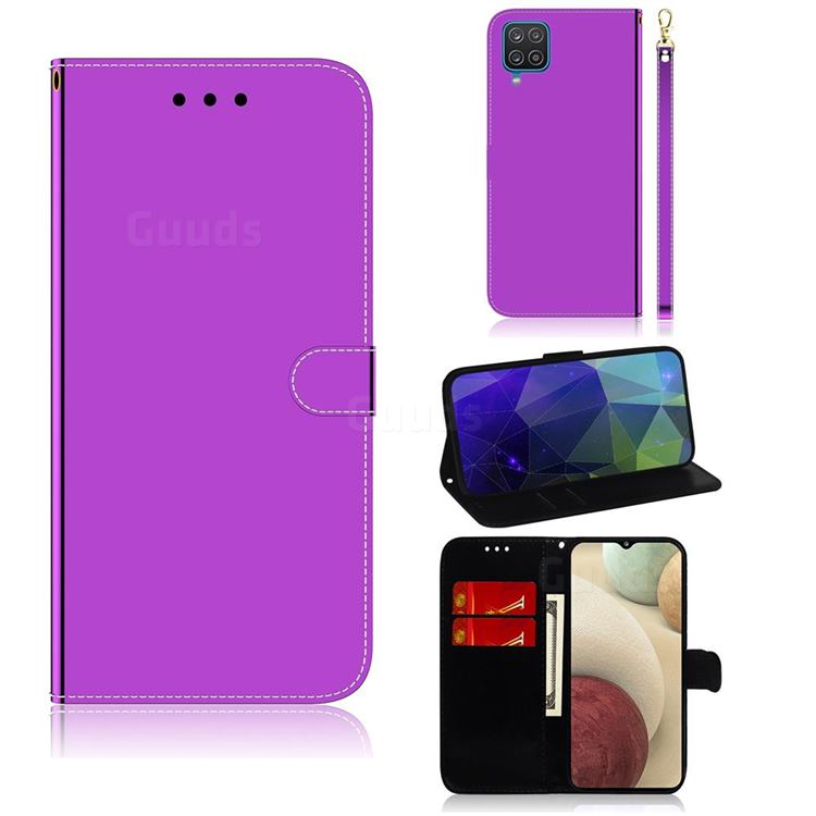 Shining Mirror Like Surface Leather Wallet Case for Samsung Galaxy A12 - Purple