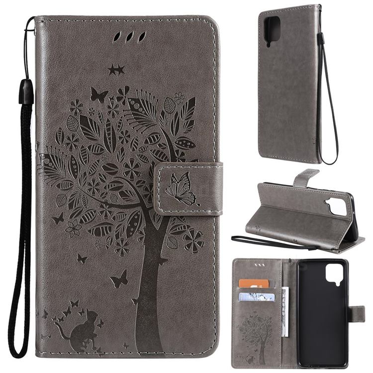 Embossing Butterfly Tree Leather Wallet Case for Samsung Galaxy A12 - Grey