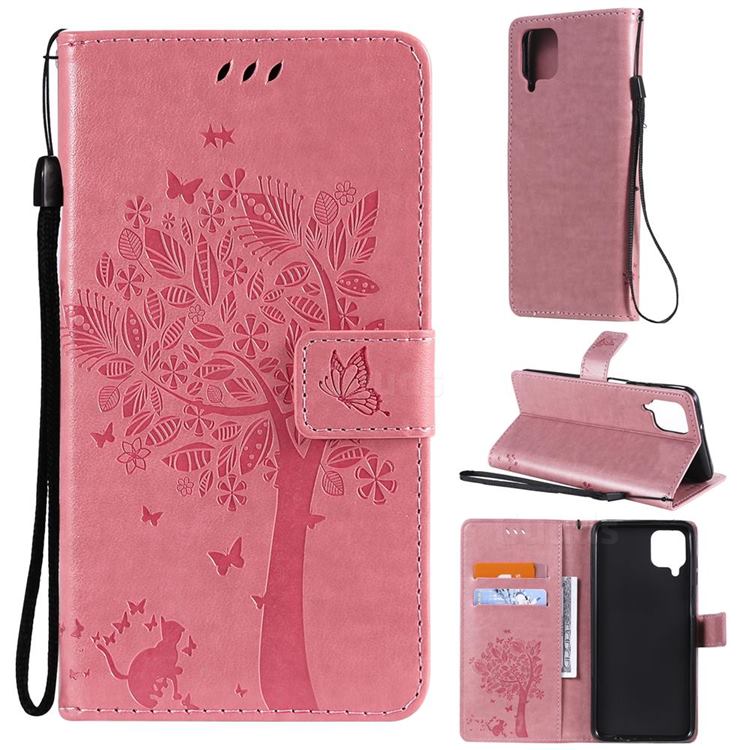Embossing Butterfly Tree Leather Wallet Case for Samsung Galaxy A12 - Pink