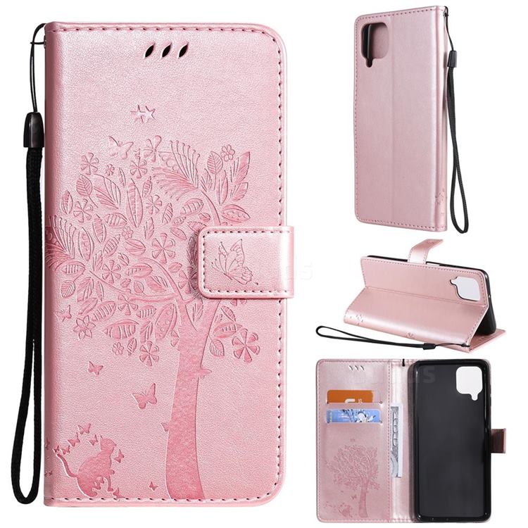 Embossing Butterfly Tree Leather Wallet Case for Samsung Galaxy A12 - Rose Pink