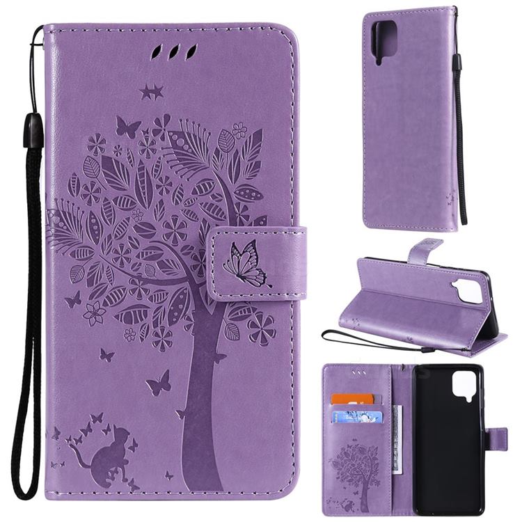 Embossing Butterfly Tree Leather Wallet Case for Samsung Galaxy A12 - Violet